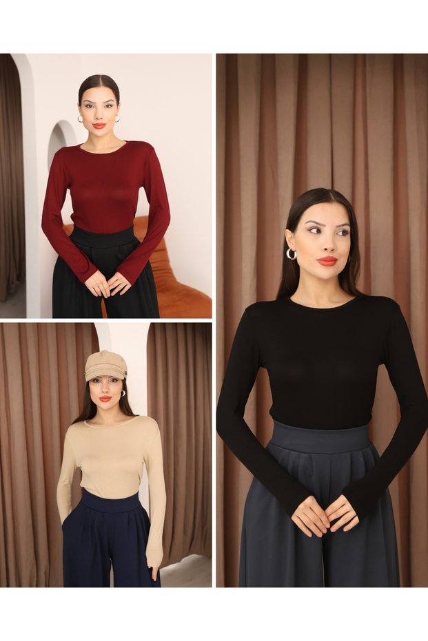 Women's 3-Piece Women's Long Sleeve Crew Neck Stretch Fabric Combed Cotton Bodysuit