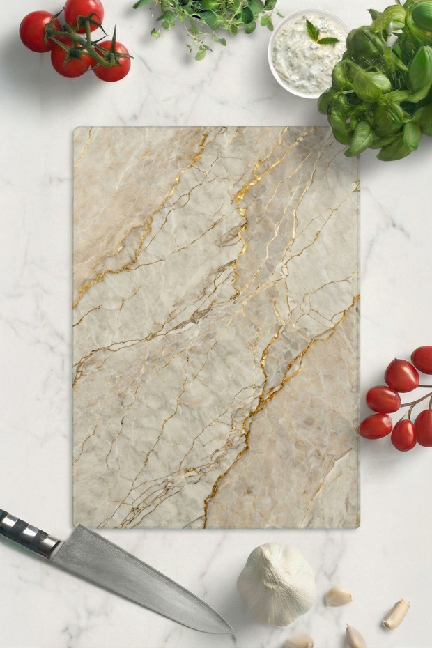 Mienda 25X35 cm Tempered Glass Cutting Board and Presentation Tray - Luxury Cream Marble