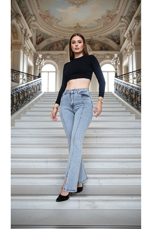 Stretch Fabric Light Snow Blue Front Slit Flared High Waist Pants