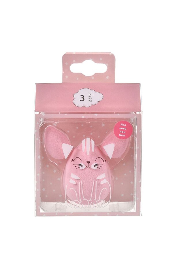 Pink Drop Makeup Sponge Set in a Box with Cat Pattern - 3pcs - 1