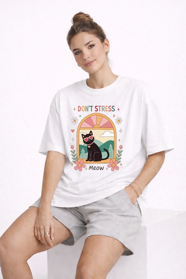 Don'T Stress Cat Printed Unisex Colorful T-Shirt