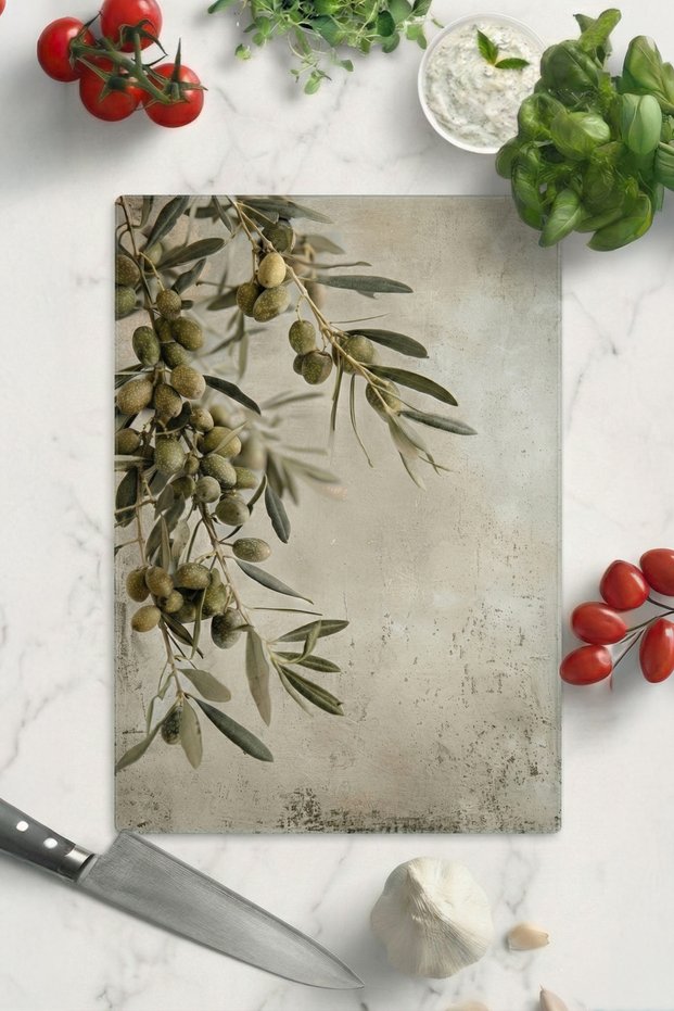 Mienda 25X35 cm Tempered Glass Cutting Board and Presentation Tray - Vintage Olive Branch
