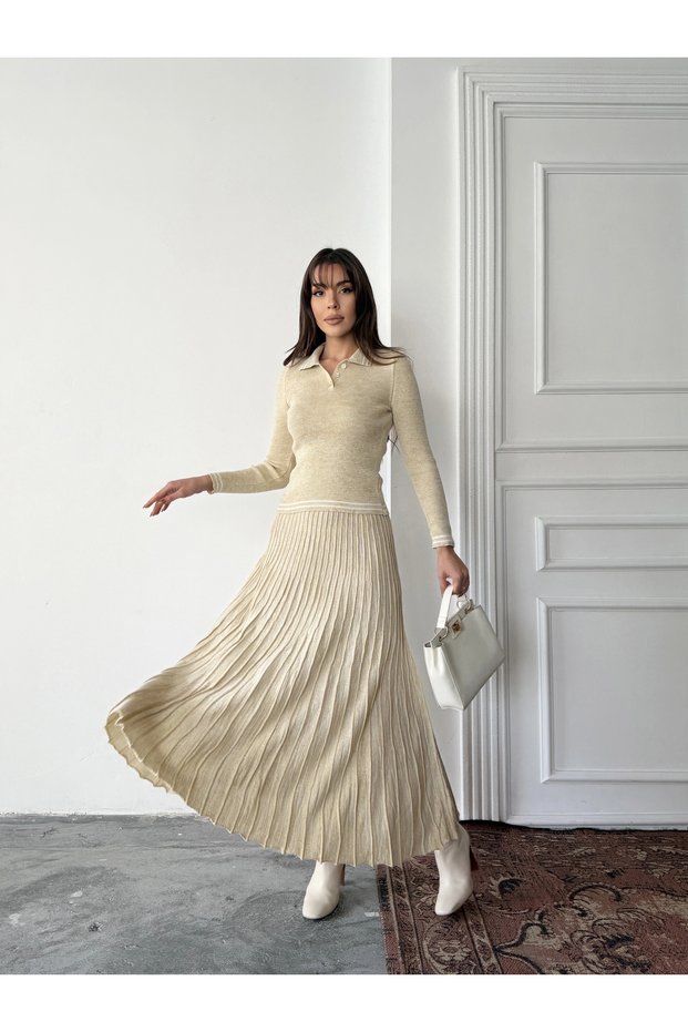 Women's Beige Glittery Stylish Striped Blouse Skirt Bottom Top Two-Piece Premium Knitwear Set