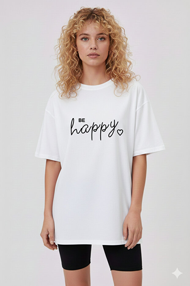 تيشيرت Be Happy منقوش عادي مصنوع من القطن بنسبة 100%
