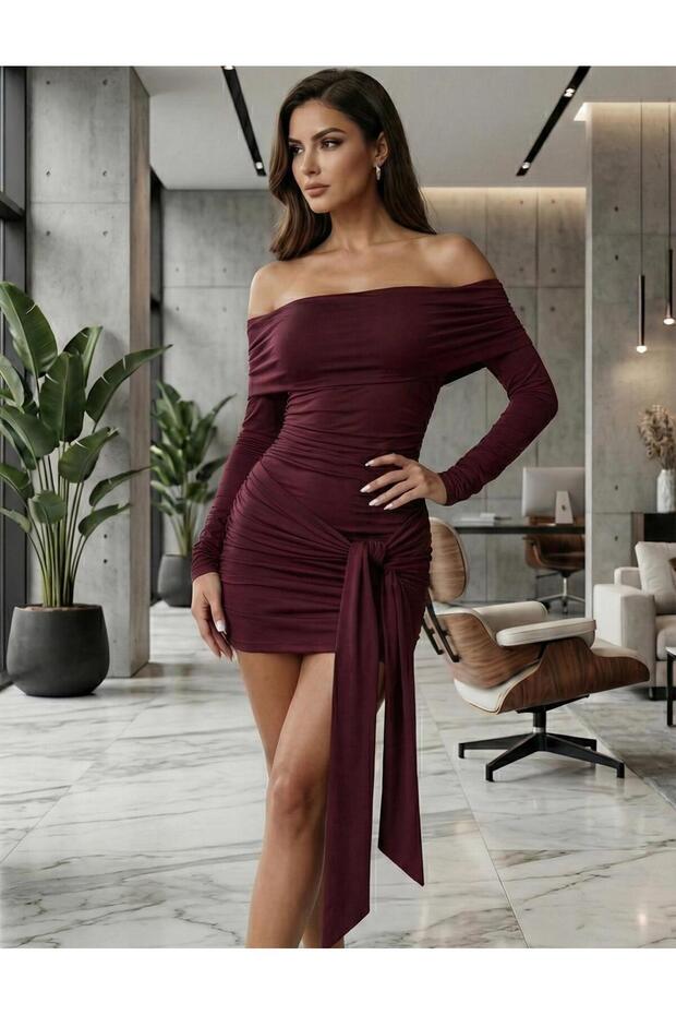 Burgundy Madonna Neckline Draped Ruched Detail Tie Front Long Sleeve Slim Fit Mini Dress