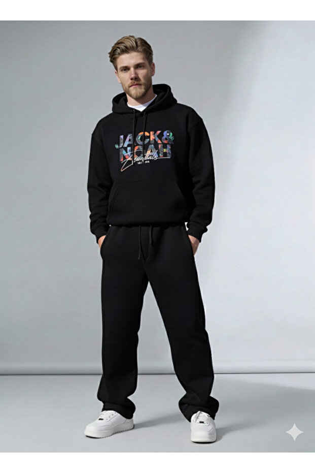 Men's Jack&Noah Printed Baggy Tracksuit Set | Winter Thick 3-Thread Rastered Wide-Legged Top and Bottom Set