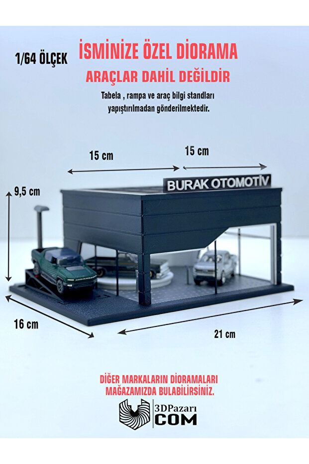 Butik 1/64 Ölçekli Siyah Renk Showroom Tasarımlı Diorama Araç Sergileme Garajı 3D Baskı