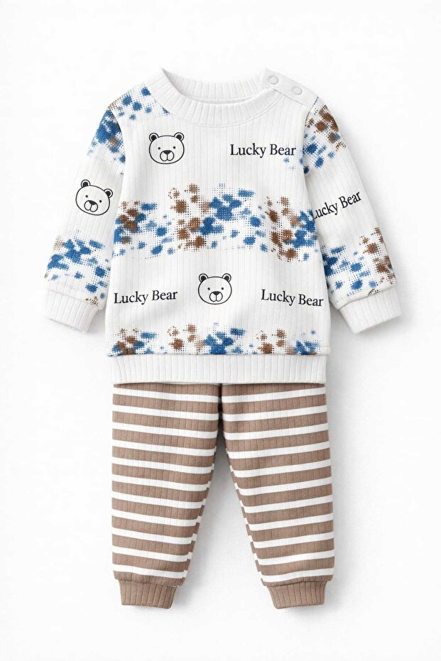 Lucky Bear Printed Unisex Cotton Baby Set Long Sleeve Top Striped Bottom