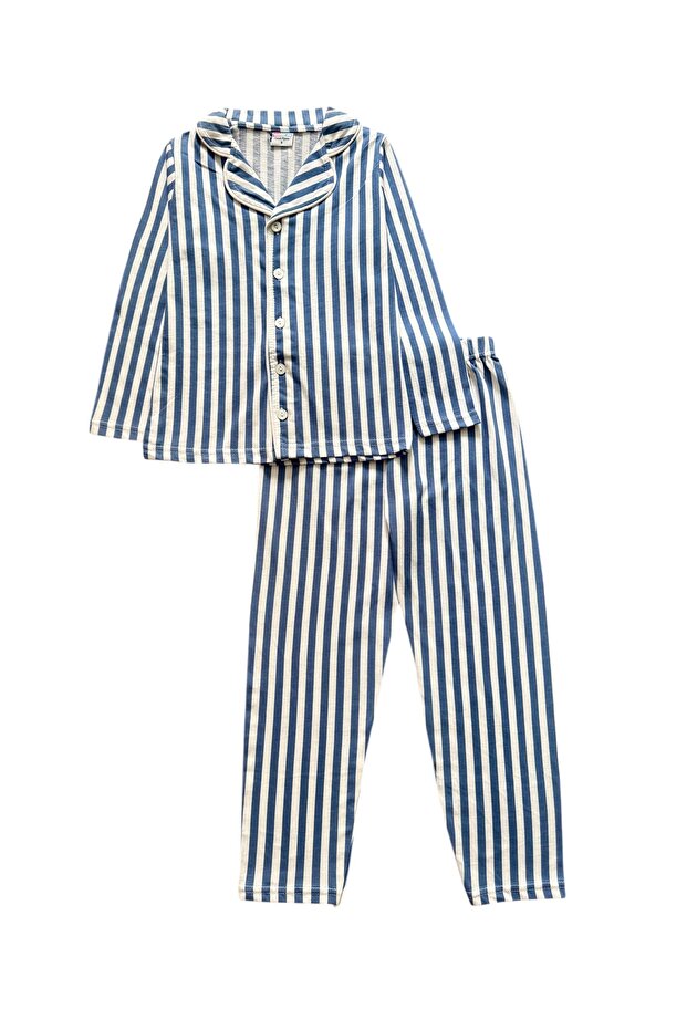 Boy's 100% Cotton Blue and White Striped Shirt Collar Buttoned Long Sleeve Pajama Set