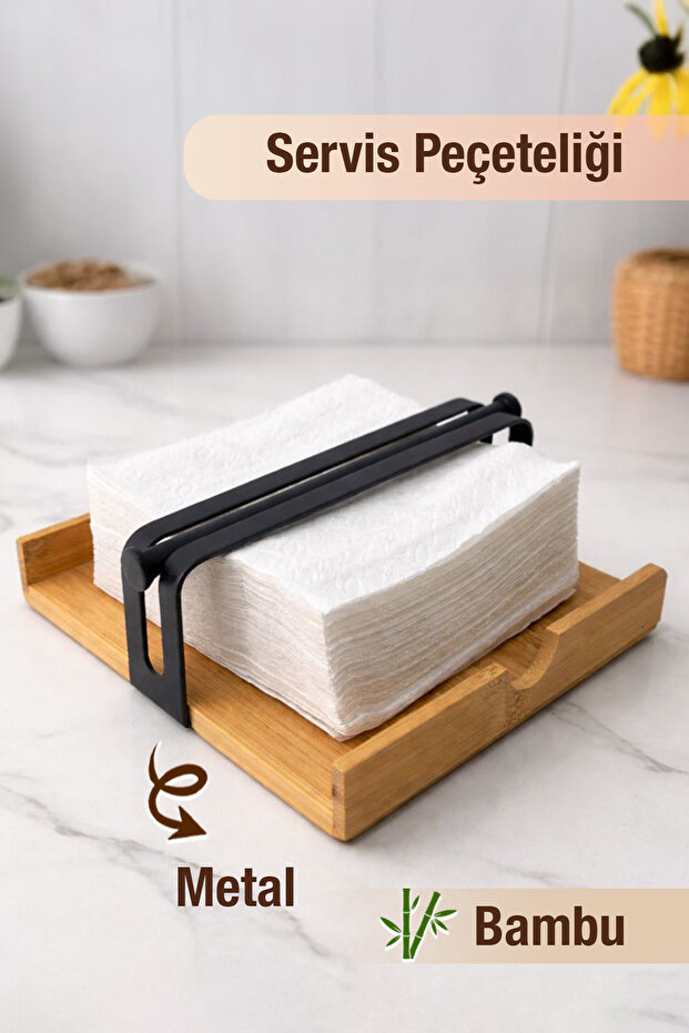 Metal & Bamboo Square Napkin Holder – Desktop Organizer Decorative Organizer Napkin Holder