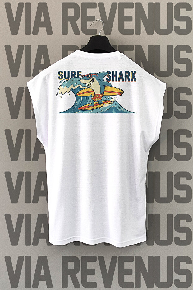 تيشيرت رياضي من Surf Shark Back مطبوع بدون أكمام مصنوع من القطن بنسبة 100%