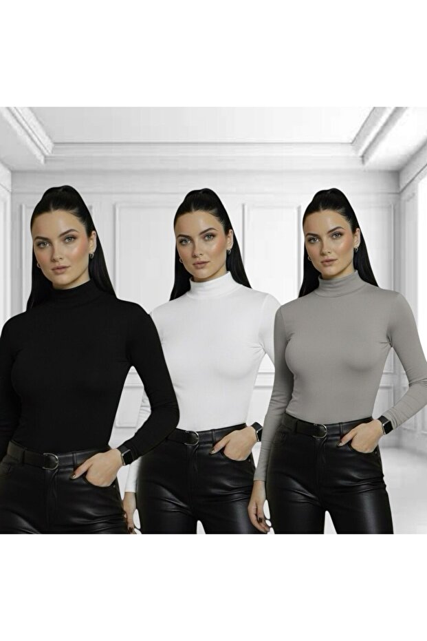 Women's Long Sleeve Turtleneck Bodysuit 3-Piece Set Kommbinllleee