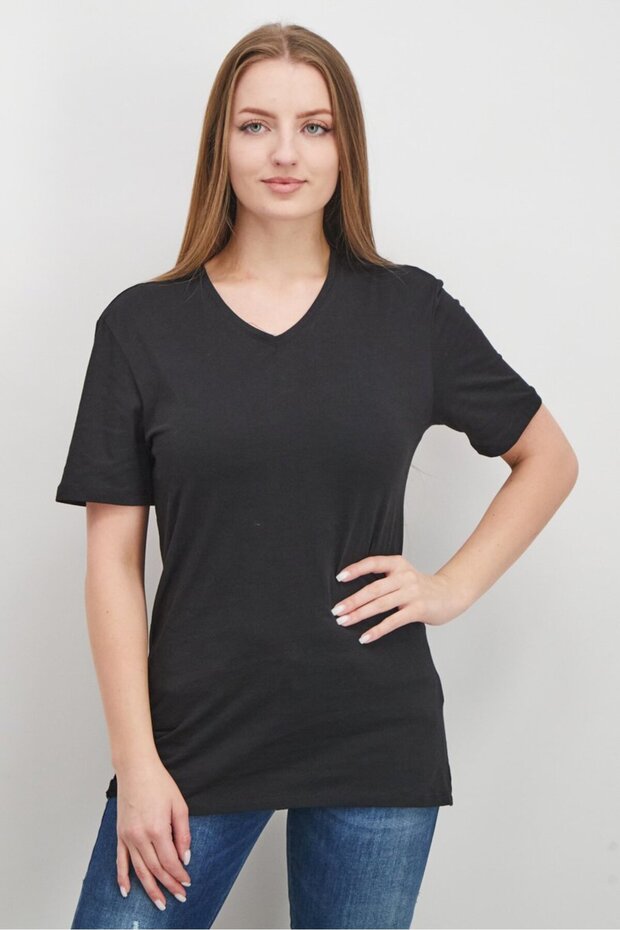 Women V-neckline Short Sleeve Plain T-shirt, Black - 1