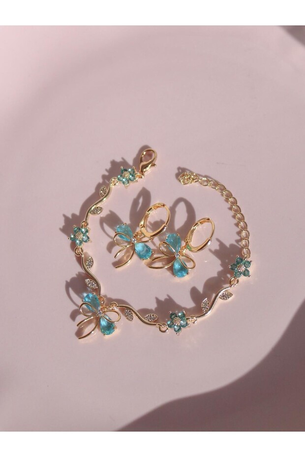 Ribbon Garden Bracelet, Earring Set Blue