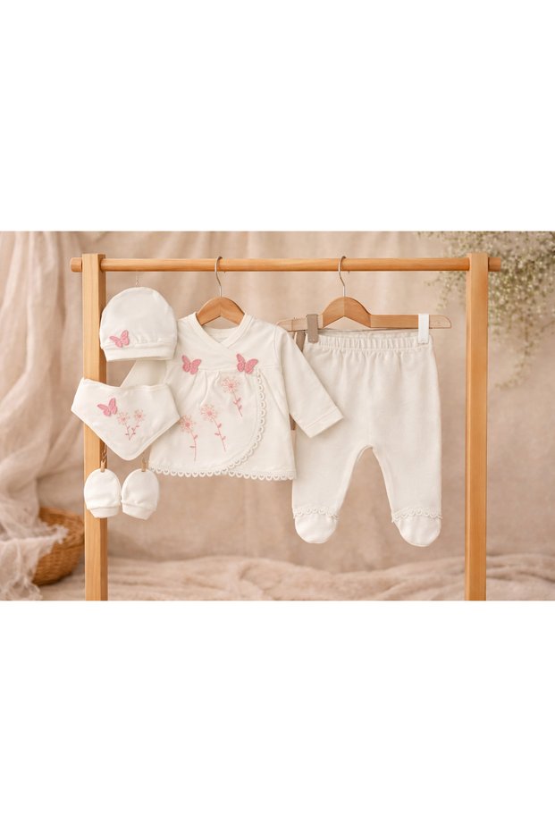Baby Girl Floral Butterfly Embroidered 5-Piece Hospital Release Bodysuit Set