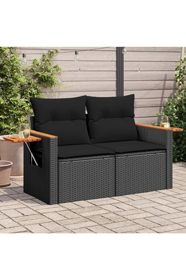 Garden Sofa with Cushions 2-Seater Black Poly Rattan