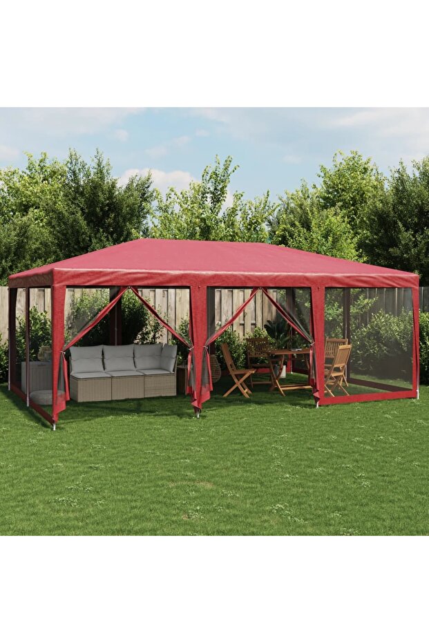 Party Tent with 10 Mesh Sidewalls Red 6x4 m HDPE