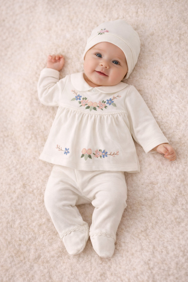• Newborn Baby Girl Floral Detailed Ecru 5 Piece Bodysuit Set