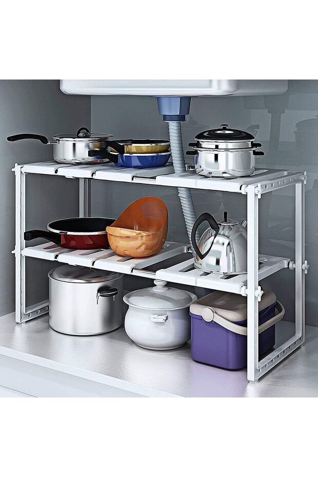 YU WELL 2 Tiers Expandable Under Sink Storage Shelf Rack Adjustable Storage Shelving Unit Cabinet Or