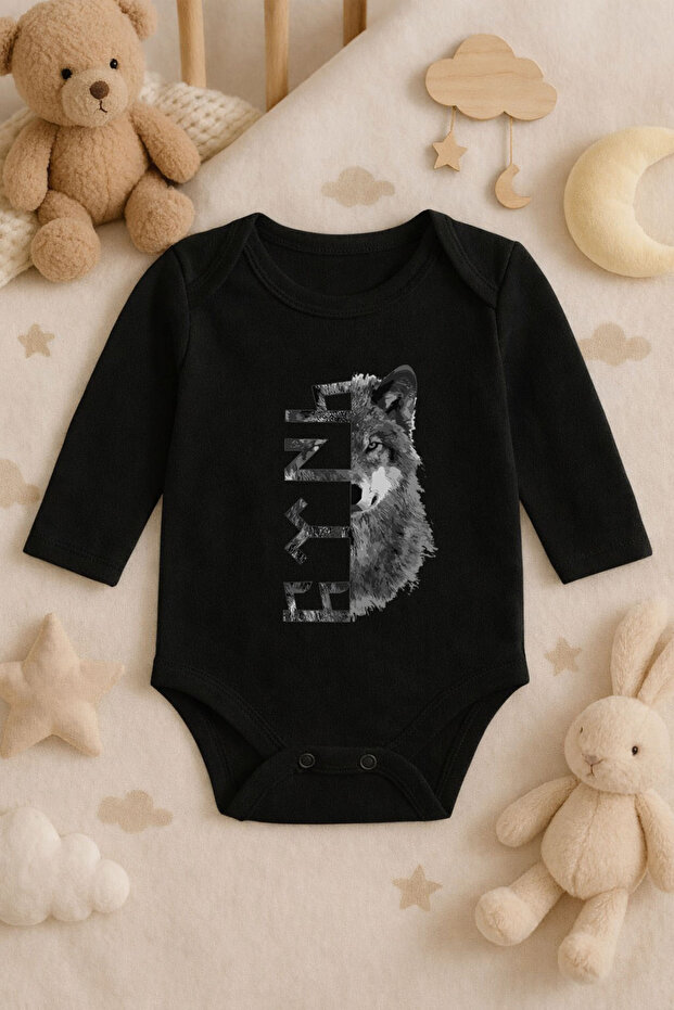 Turkish Bozkurt Kurt Printed Cotton Long Sleeve Snap Fastener Baby Black Bodysuit Undershirt Jumpsuit