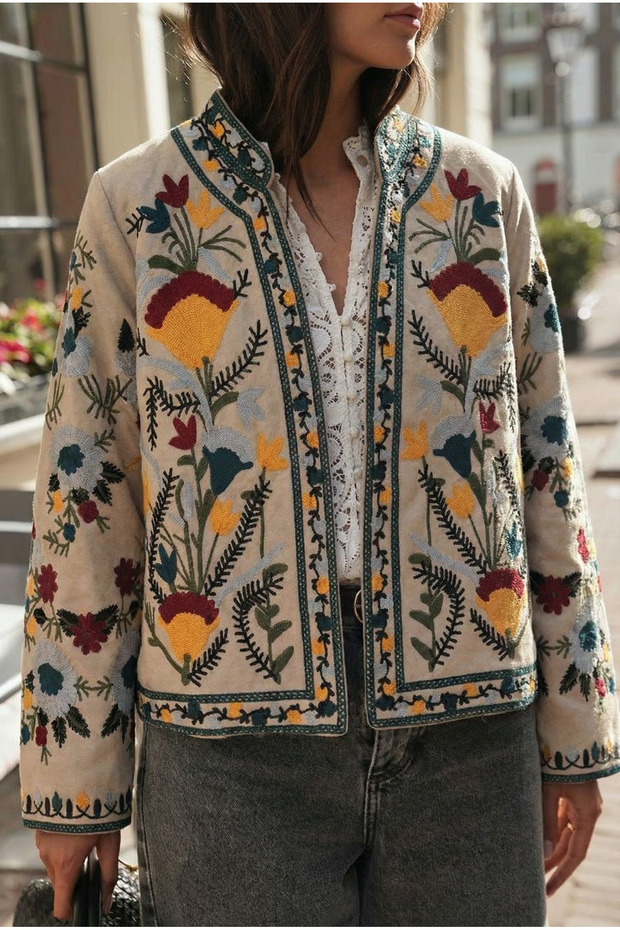 Women's Beige Bohemian Cross Stitch Embroidered Jacket