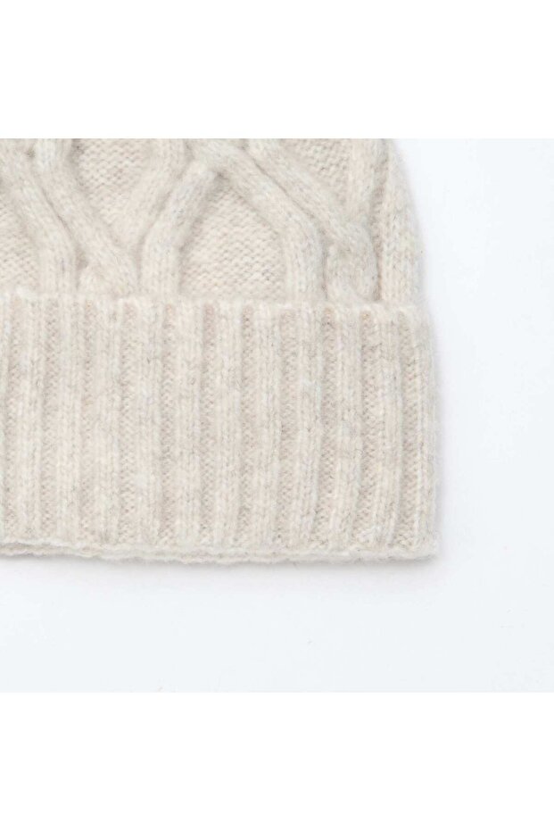 قبعة صوفية مضلعة متينة مزينة بكرة صوفية، لون بيج - 2