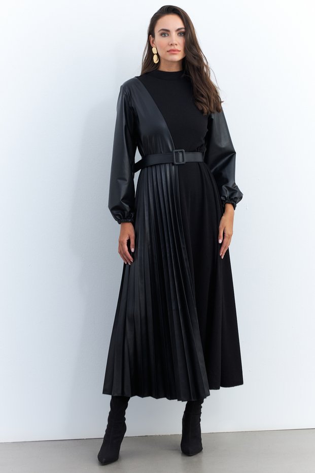Women's Black Faux Leather Pleated Maxi Dress MALZ100