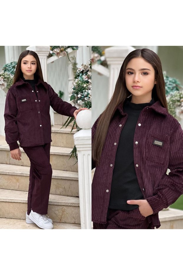 Girl's Seasonal Corduroy Shirt - Pants - Badi - 3-Piece Stylish Set - Holiday Wear