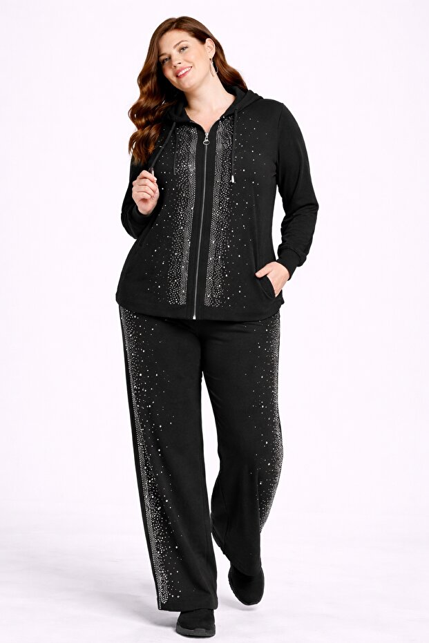 Women's Plus Size Black, Stone Detailed Hooded , Pocketed Tracksuit Set 65N39317