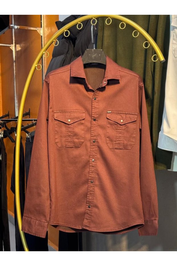 Gabardine Woven Snap-Closure Pocket Slim Fit Overshirt – Long Sleeve Casual Men's Shirt