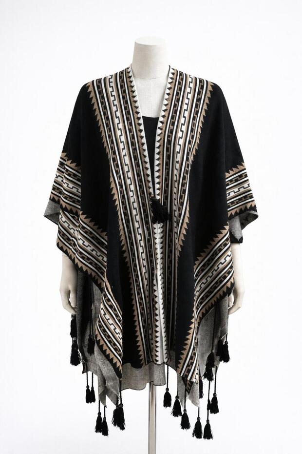 Tricot Poncho with Ethnic and Tassel Details