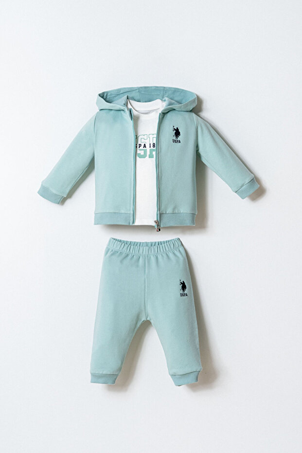 Baby Boy Zippered Collar Embroidered Summer Regular Fit Green 3-Piece Baby Set Usb2920-C-V2