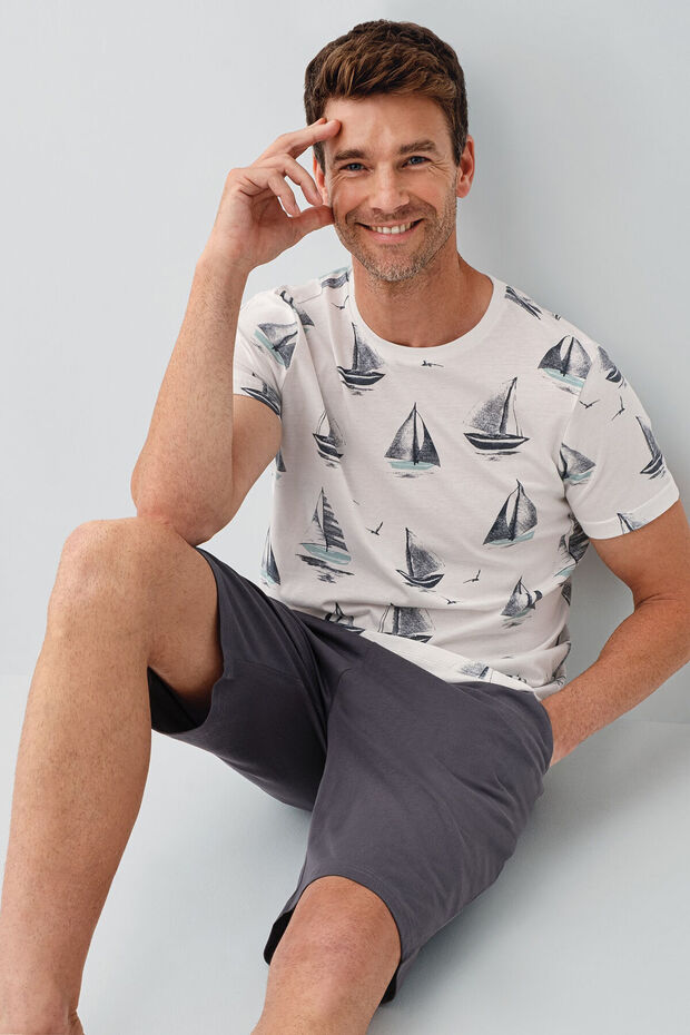 Men's Crew Neck Printed Summer Regular Fit White Bermuda Set Ar3670-S-V1