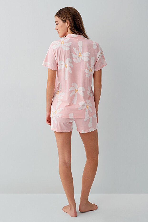 Kadın Pembe Gömlek Şort Takım - 4