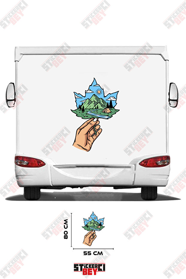 Caravan Sticker Coating with a Mountain Pattern Leaf in Its Hand