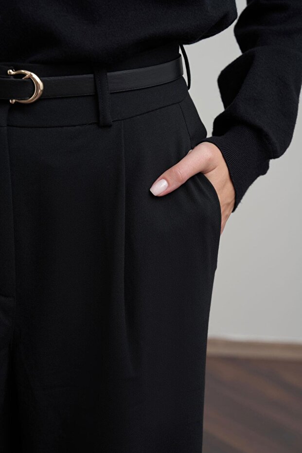 بنطلون بولي فيسكوز أسود مطوي - 5