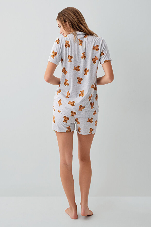 Kadın Gri Gömlek Şort Takım - 4