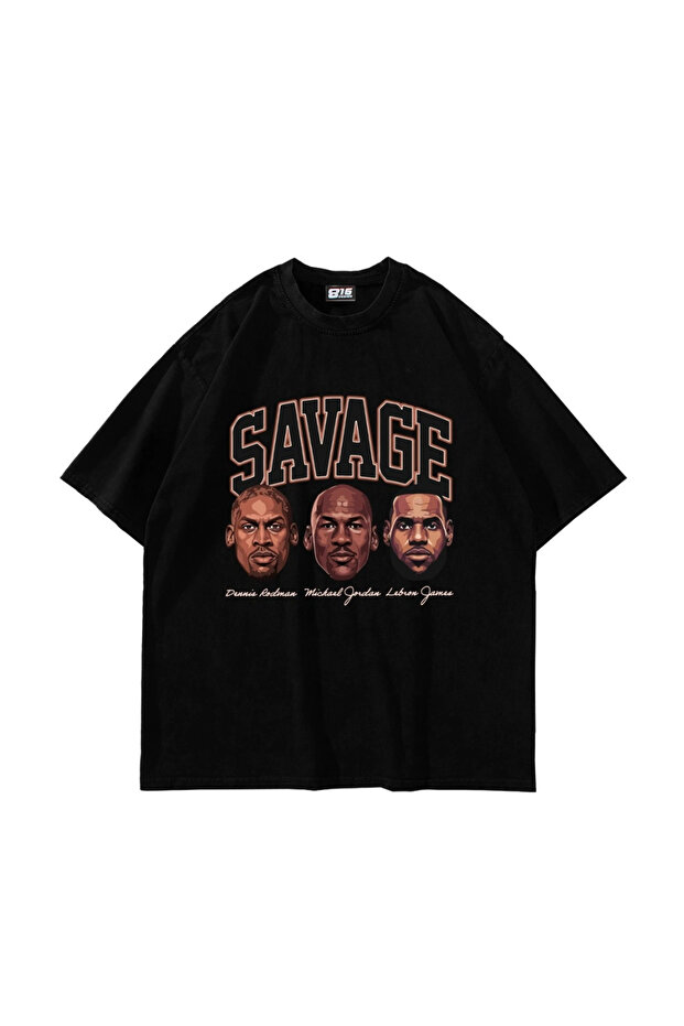 تيشيرت أسود للجنسين من Savage Boys مطبوع قصة فضفاضة