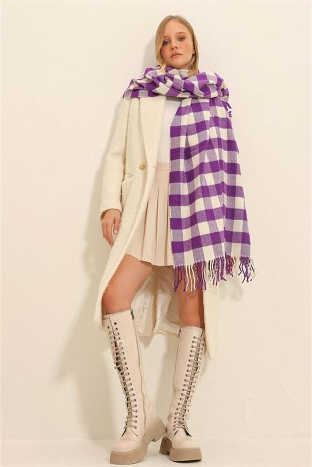 Women's Purple Square Patterned Tassels Soft Texture Shawl Scarf Nbaks052