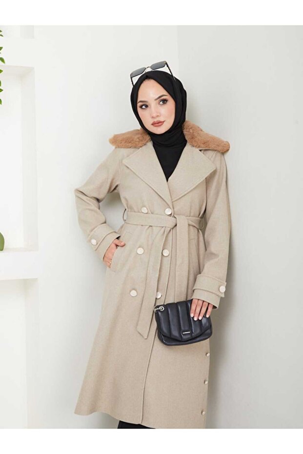 Fur Cashmere with Belt and Snap Detail