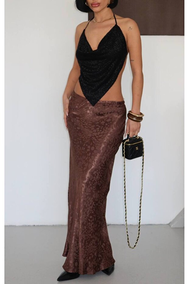 Women's Patterned Satin Look Elastic Waist High Waist Maxi Skirt