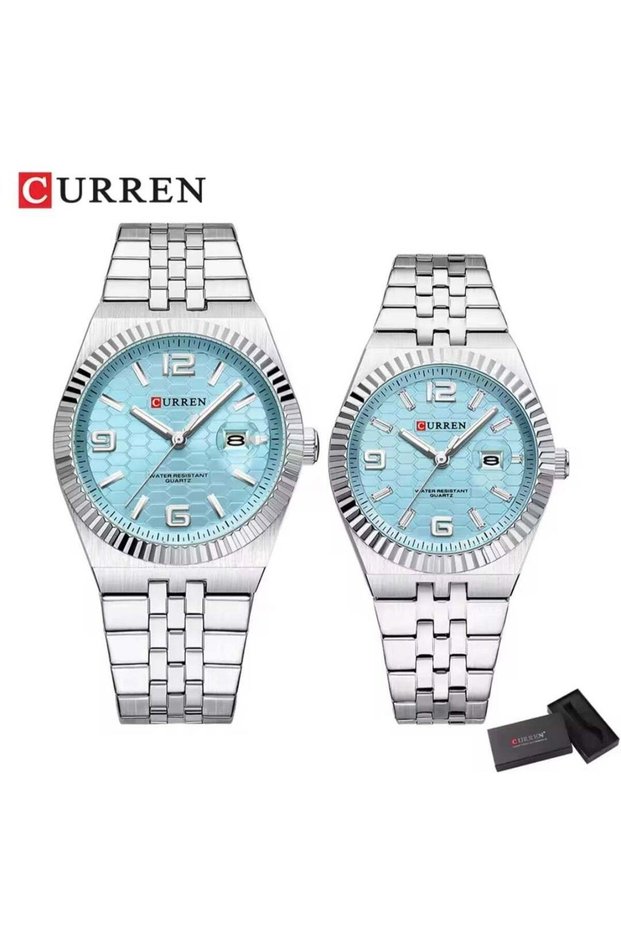 Luxury Couple Watch Set - Silver Stainless Steel Blue Honeycomb Dial Date Waterproof Watches