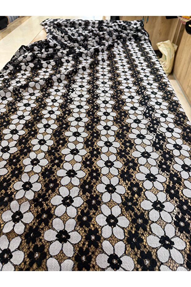 Black and White Floral Pattern Lace Fabric |   A Piped K & Elbiselik, Elegant Tulle Floor