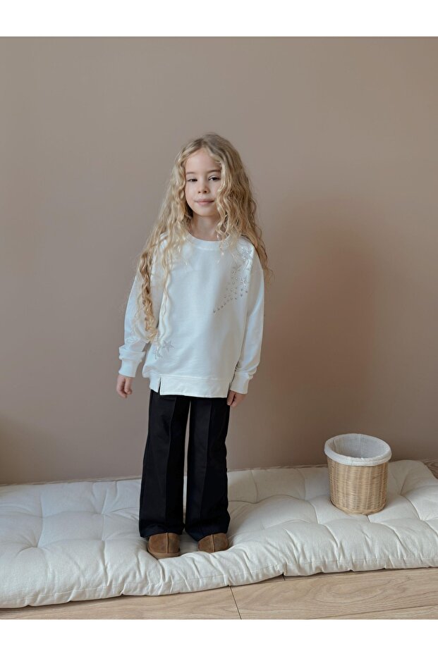Girl's Star Stone Printed White Tracksuit Set