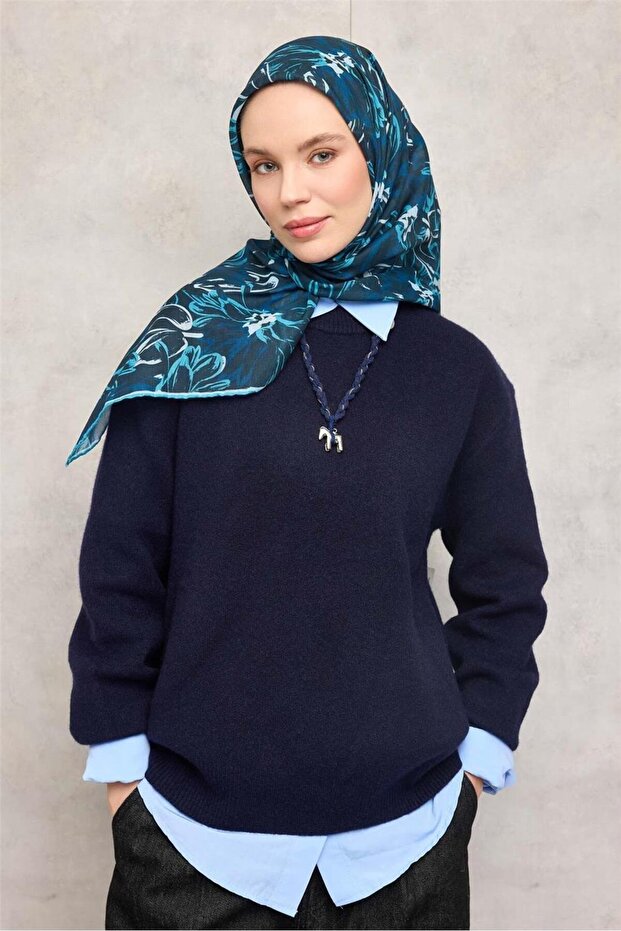 Cotton Polyester Scarf Navy Blue-Cyan White Midnight Blue Botanical Pattern Soft Textured 9