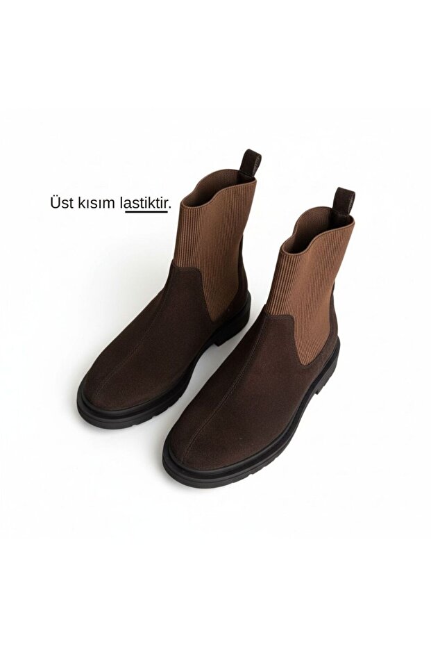 Brown Suede Genuine Leather Elastic Women's Round Toe Boots