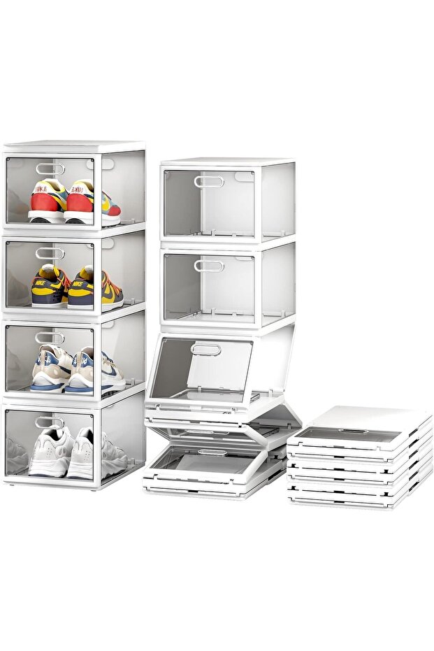 Transparent Shoe Boxes With Door, Foldable Stackable white - 2