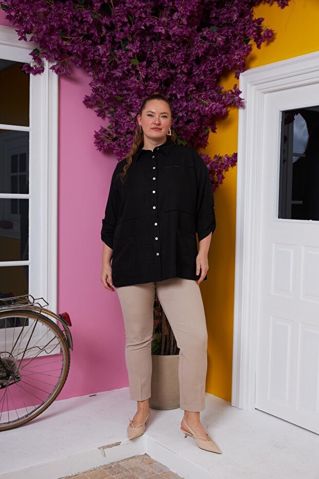 Large Size Black Shirt with Sleeve and Crochet Detail