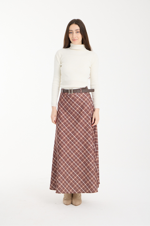 Women's Brown Plaid Patterned Belted Flared Skirt