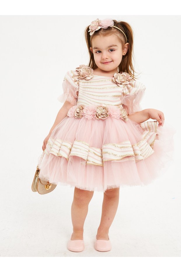 Girl's Evening Dress Ball Gown & Special Occasion Balloon Sleeve Floral Detail with Bag and Crown Gift
